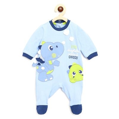 Boys Medium Light Blue Printed Nappy Opening Babysuit
